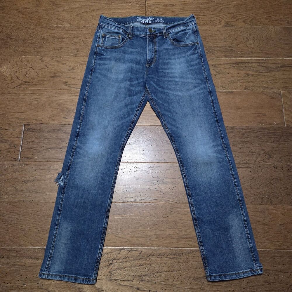 Wrangler Mens Retro Slim Straight Jeans 33x32 Blue Medium Wash Denim Distressed